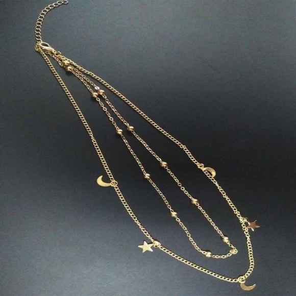 Moon & Stars Gold Layered Choker Bib Necklace - Picture 5 of 6